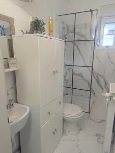 a white bathroom with a toilet and a sink at Studio apartman DINO z balkonom in Rogatec