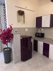 a kitchen with a purple refrigerator and a potted plant at Whispering Vines by Blessings in Rishīkesh
