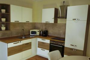 a kitchen with white cabinets and a sink and a microwave at Cozy apartment in Irrel in Irrel