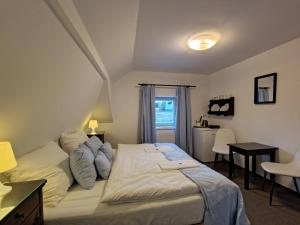a bedroom with a bed and a desk and a window at Penzion Nad Kašnou in Kašperské Hory