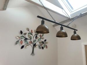 a plant on a wall with three lights on it at Copper Crab Cottage in Amlwch