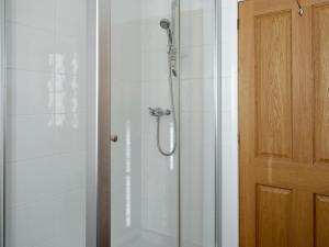 a shower with a glass door in a bathroom at Tan-Y-Derwwen in Mydroilin +9 photos