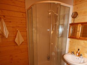 a bathroom with a shower and a sink at Auchenhill Lodge in Lochend +2 photos