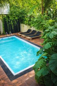 a large swimming pool with lounge chairs in a garden at Sea Cloud Dalawalle in Unawatuna