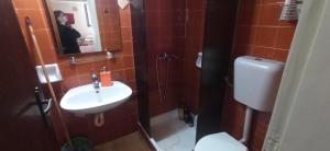 a bathroom with a sink and a toilet and a mirror at 1st floor studio in Kalathas in Kalathas