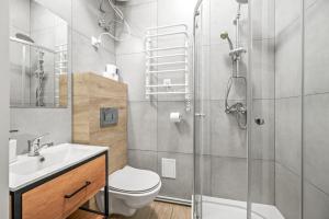 a bathroom with a shower and a toilet and a sink at Central Platinum Apartments 1 in Rybnik