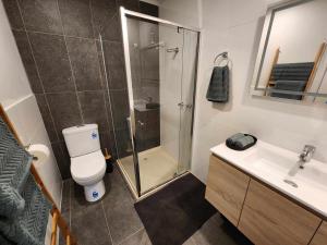 a bathroom with a shower and a toilet and a sink at Noojee views - cozy studio in Noojee