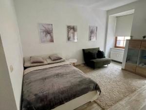 a bedroom with a large bed and a chair at Bike & Relax in Bernburg
