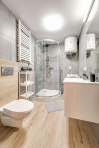 a bathroom with a shower and a toilet and a sink at Central Platinum Apartments 23 in Rybnik +20 photos