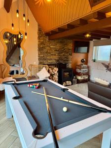 a billiard table in a living room with a fireplace at Travel Wood in Waulsort
