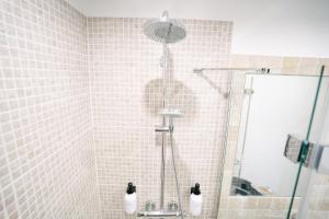 a shower in a bathroom with a glass door at Charming studio with sofa, bed and terrace-AS in Carcassonne