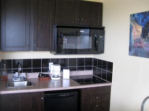 a kitchen with a sink and a microwave at Seascape Coastal Retreat - ADULTS ONLY - HOT TUBS in Ingonish