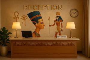 a reception desk with a statue of aaraoh at Karma Cairo Hotel in Cairo