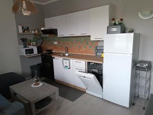 a kitchen with white cabinets and a white refrigerator at Apartma Xanadu in Slovenske Konjice