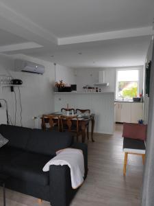 a living room with a black couch and a table at Håstrups Natur Perle in Faaborg