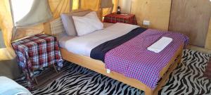 a small bedroom with a bed and a zebra patterned carpet at Mara oasis in Mara Simba