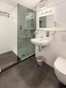 a bathroom with a shower and a sink and a toilet at STADT-Hotel Lörrach GbR in Lörrach