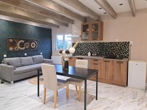 a kitchen and living room with a black table and chairs at studio Saphyr in Souillac