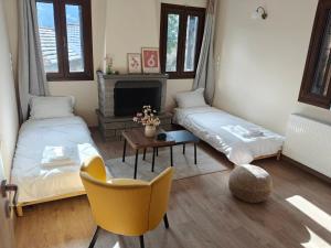 a living room with two beds and a chair at Metsovo Fireplace Retreat I in Metsovo