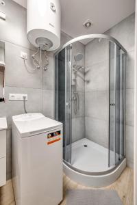 a bathroom with a shower with a sink and a toilet at Central Platinum Apartments 19 in Rybnik +22 photos