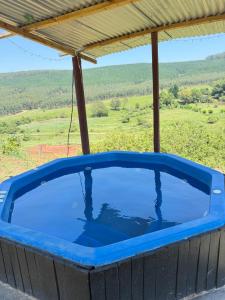 a hot tub under a roof with a view of a field at Serendipity Guest Farm Byrne in Byrne