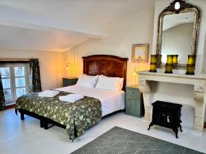 a bedroom with a bed with a fireplace and a mirror at Domaine des Monges in Saint-Seurin-de-Prats +143 photos