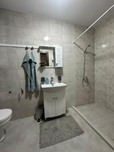 a bathroom with a sink and a shower and a toilet at Tryavna Central Apartments-Harmony in Tryavna