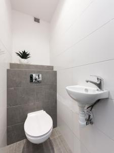 a white bathroom with a toilet and a sink at Flatbook Comfort Old Town 8 in Gdańsk +7 photos