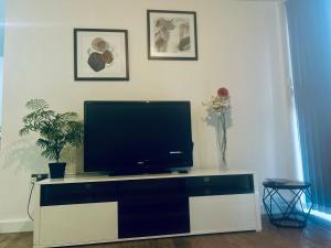 a flat screen tv sitting on top of a entertainment center at Apartment 3 in Birmingham