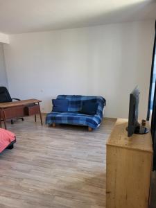 a living room with a blue couch and a tv at Lieu charmant in Gimeux