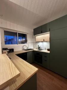 a kitchen with green cabinets and a wooden counter top at Appartement Soustons Les marronniers in Soustons