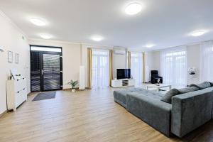 a large living room with a couch and a television at Silver Cottage in Máriapócs