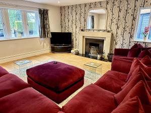 a living room with red furniture and a fireplace at Willow Brook in Glossop