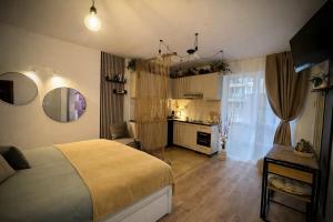 a bedroom with a bed and a kitchen in it at VerdeViu Apartments 2 Prima Green Residence in Oradea
