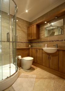 a bathroom with a toilet and a sink and a shower at Mahe - Lee on the Solent in Lee-on-the-Solent
