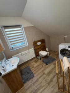 a bathroom with a sink and a toilet and a window at Wellness chata Rybárie in Klokočov +27 photos