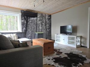 a living room with a couch and a tv at Fjellro appartment in Os
