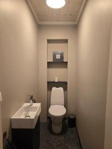 a bathroom with a white toilet and a sink at Fjellro appartment in Os