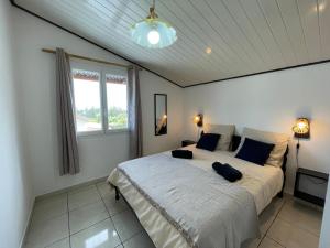 a bedroom with a large white bed with a window at Les volets de l'océan in Saint-Philippe