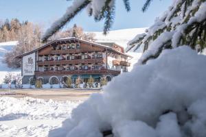 ein großes Gebäude im Schnee mit schneebedeckten Bäumen in der Unterkunft Hotel Edelweiss in Prags