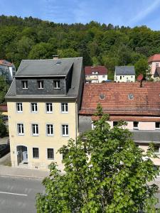 a white building with a black roof in a city at Chalet Lilienstein, Dachgeschoß-Studio neu 2026 in Königstein an der Elbe