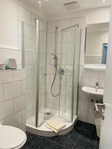 a bathroom with a shower and a sink at Weinbergs Loge in Ernst +136 photos
