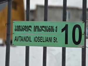 a green street sign on a metal fence at Lasha's Cottage in Mestia +39 photos