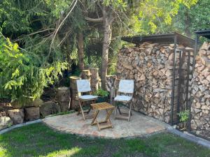 two chairs and a table next to a stone wall at Tiny Frida in Gifhorn