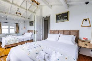 a bedroom with two beds and a mirror at Villa Sea Horizon in Skopelos Town +37 photos
