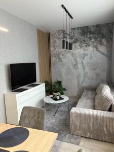 a living room with a couch and a tv at Apartament Olesno Lux in Olesno