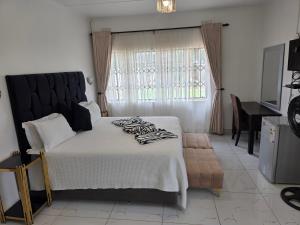 a bedroom with a large white bed and a window at Tranquility Guest House in Bulawayo