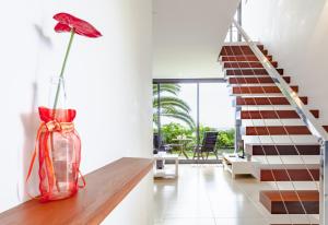 a vase with a red flower sitting on a counter in a room at Quinta Golfinho in Arco da Calheta