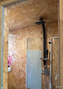 a shower in a bathroom with a wall at Ti kaz gogo in Salazie +20 photos