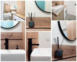 a collage of photos of a bathroom with a sink and a mirror at Ostoja Apartament Bytom Miechowice 24H - blisko A1, Gliwice 15 min in Bytom +12 photos